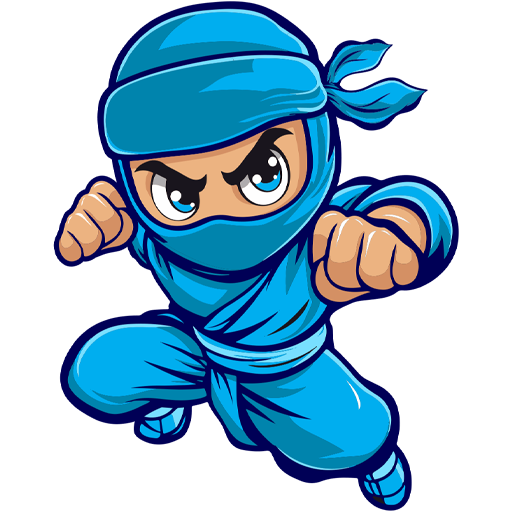 Trademarked blue cartoon ninja character logo icon for Drip Ninjas property damage restoration.